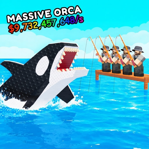Official Roll a Fisherman promotional artwork with an orca beside the fishing dock